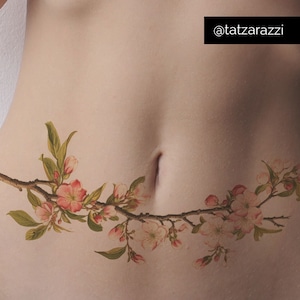 Cicatrice tatouage temporaire | Long vintage tatouage botanique de guirlande de fleurs de cerisier | Pour les cicatrices de mastectomie en césarienne abdominale