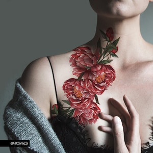 Rote Pfingstrose temporäres Tattoo | Vintage Blumen Pfingstrosen Blumenstrauß Lila Botanische Illustration | Für Beach Musik Festival Coachella