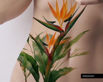 Floral bird of paradise botanical temporary tattoo large orange tropical blossoms palm desert jungle vibes flowers diy