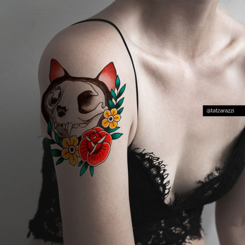 Cat Skull Flowers Temporary Tattoo Temp Tat Floral Nature Etsy