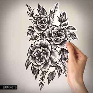 Roses Floral Huge Temporary Tattoo Flowers Bouquet Black and White Illustration Linework Drawing Temp Tat Large Beach Accessory Coachella image 4