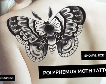 Moth Temporary Tattoos | Japanese Style Dotwork Butterfly Bug Insect Large Flash Black White Intricate Luna Polyphemus