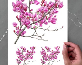 A4 PRINTABLE Temporary Floral Redbud Tattoo Large Digital Download Botanical Pink Blossoms DIY