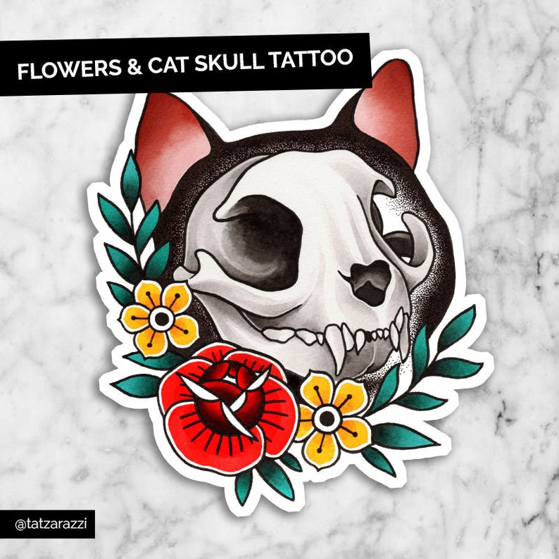 Cat Skull Flowers Temporary Tattoo Temp Tat Floral Nature Etsy