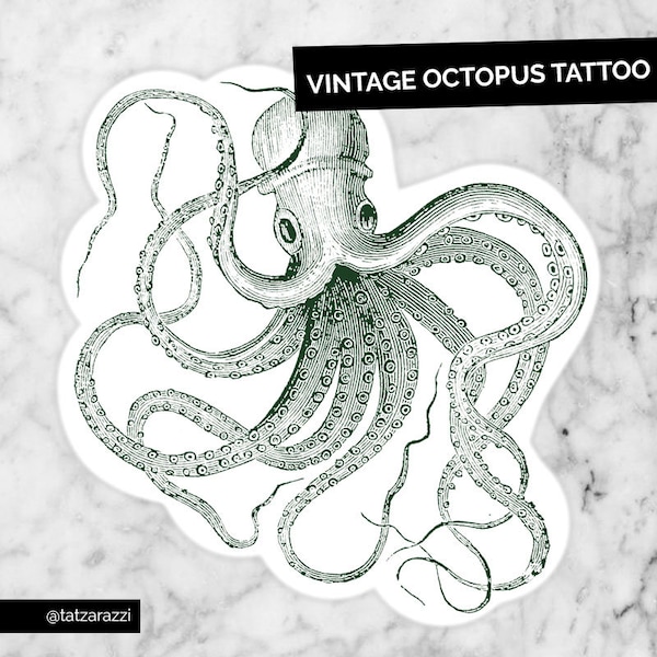 Vintage Octopus Large Temporary Tattoo Temp Tat Illustration Marine Ocean Sea Animal Dark Pirate Sailor Statement Old School Linework Big