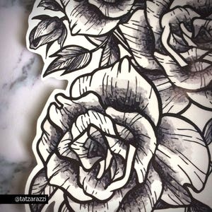 Roses Floral Huge Temporary Tattoo Flowers Bouquet Black and White Illustration Linework Drawing Temp Tat Large Beach Accessory Coachella image 3