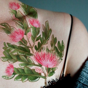 Albizia Mimosa Branch Floral Leaves Large Realistic Temporary Tattoo Beautiful Botanical Pink Blossoms Flowers Nature Art Pretty Coachella