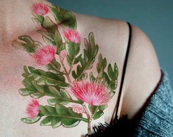 Albizia Mimosa Branch Floral Leaves Large Realistic Temporary Tattoo Beautiful Botanical Pink Blossoms Flowers Nature Art Pretty Coachella