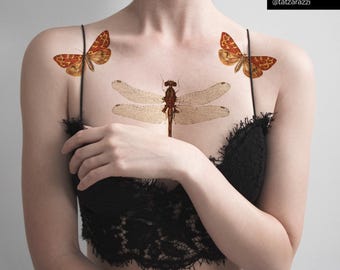 Vintage insects bugs temporary tattoo temp tat illustration botanical matching pairs dragonfly moth butterfly bee beetle nature hipster