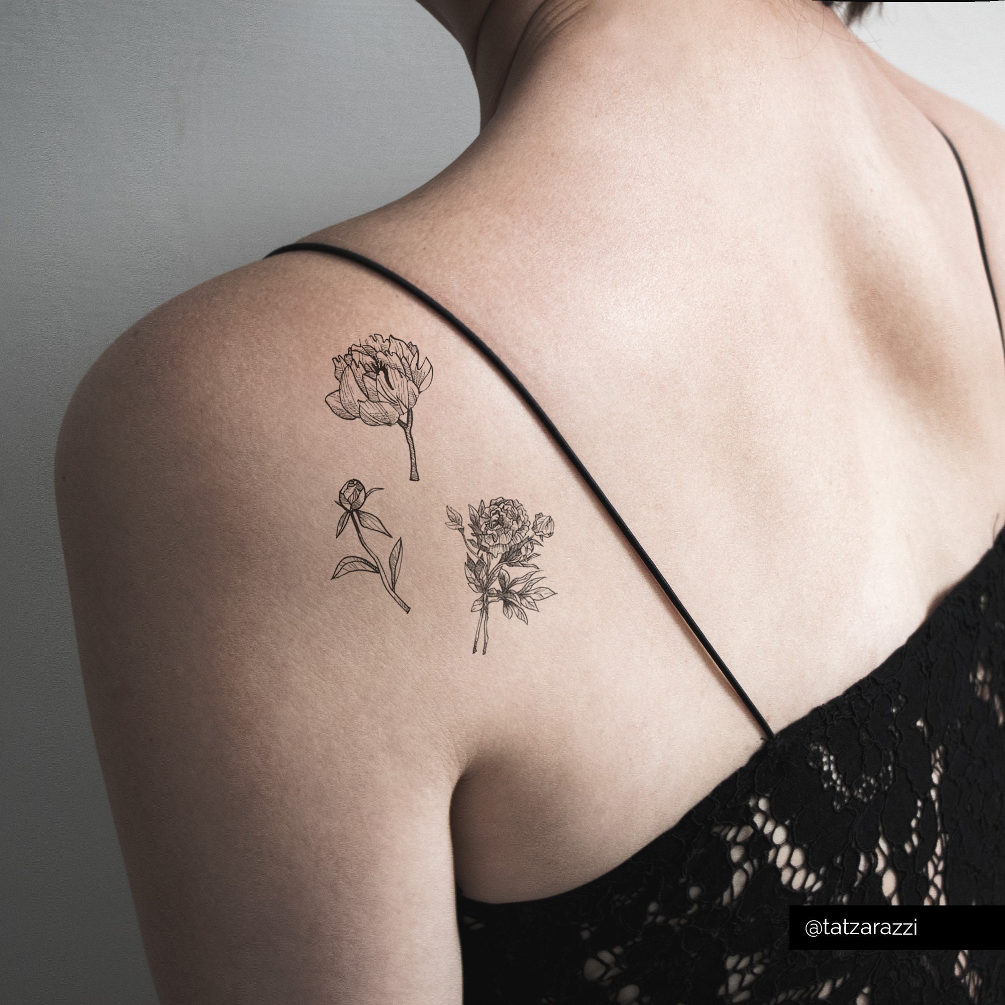 Flowers Temporary Tattoo Floral Bouquet Peony Nature Black Etsy
