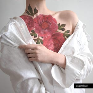 Tatuaje temporal de peonía rosa / Ramo floral grande dibujado a mano / Arte corporal botánico / Tatuaje femenino con mensaje / Diseño para prueba de nivel