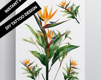 A4 PRINTABLE Bird of Paradise Botanical Illustration Temporary Floral Tattoo Download Botanical DIY Tropical Jungle Tulum Desert Large