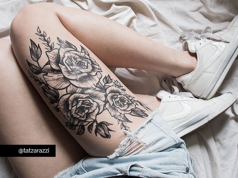 Roses Floral Huge Temporary Tattoo Flowers Bouquet Black and White Illustration Linework Drawing Temp Tat Large Beach Accessory Coachella image 1