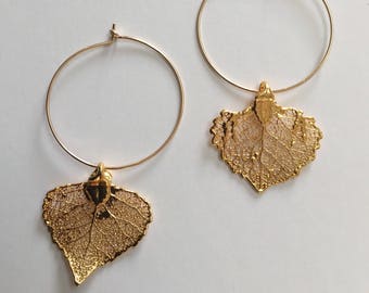 14k Gold Filled Hoops with Dangling Gold filled Leaf