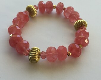 Cherry Quartz Bracelet.  Quartz Jewelry. Brass Bead Jewelry