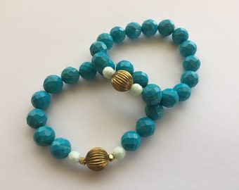 Turquoise Bracelet.  Turquoise Jewelry. Faceted Round Turquoise. Turquoise and Gold Gift