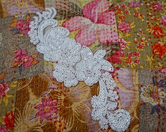 White Sequin, Pearl Sequin, White beading Appliqué Floral Trim Notion