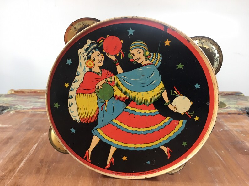 Vintage Tin Toy Tambourine Spanish Tango Dancers Etsy