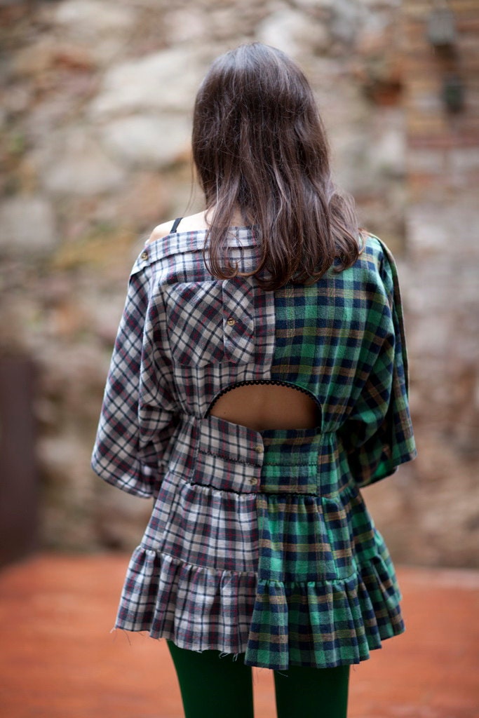 Upcycled Flannel Shirt Kimono Sleeve Dress/top, Glamour