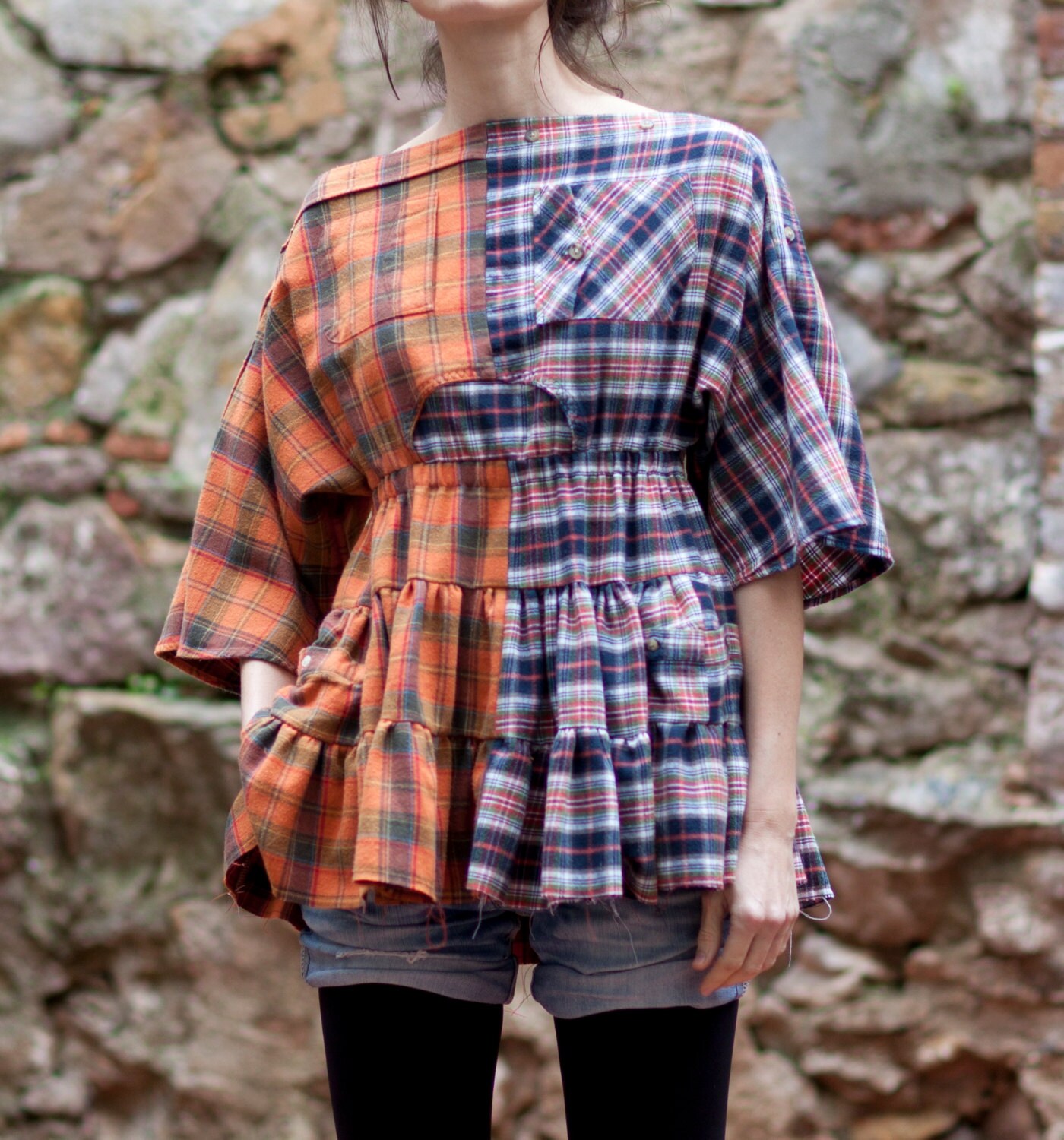 Upcycled flannel shirt kimono sleeve dress/top glamour grunge | Etsy