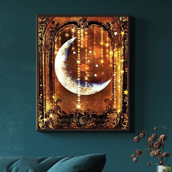 Instant Download PRINTABLE Mystical Dark Gold Vintage-Inspired Crescent Moon and Stars Celestial Fantasy Crystals Art Print
