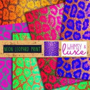 Set of 5 Instant Download PRINTABLE Neon Glitter Leopard Animal Print Digital Scrapbook Paper Sheets