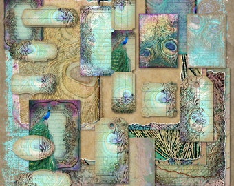 May include: A collage of decorative paper elements with a peacock theme. The design includes tags, labels, and rectangular pieces with peacock feather patterns, ornate frames, and a peacock illustration. The color palette features teal, brown, and purple hues.