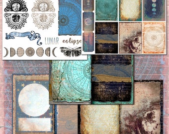 Può includere: Una collezione di fogli collage digitali con temi celestiali, tra cui fasi lunari, motivi solari, mappe stellari vintage e texture di pergamena invecchiata. I design incorporano toni blu, marroni e crema con il testo LUNAR eclipse.