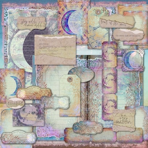Sofortiger Download Druckbare Vintage Pastell Mond Junk Journal Kit | Scrapbook Papier und Ephemera | Art Journal Seiten | Mystische Retro Grafik