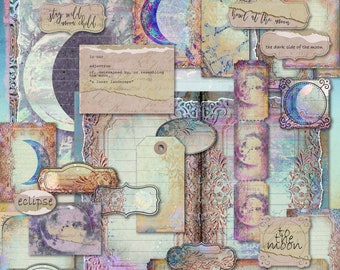 May include: A collage of vintage-style paper elements with a celestial theme. The design features crescent moons, labels, tags, and decorative borders in shades of blue, purple, and beige. Text includes phrases like "stay wild moon child" and "howl at the moon".