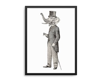 Whimsical Victorian Style Illustration Gentleman Elephant Poster