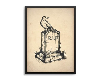 Creepy Tombstone And Raven Antique Halloween Poster