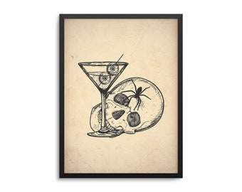 Decoración vintage de bar de Halloween: Martini con globo ocular de calavera Póster