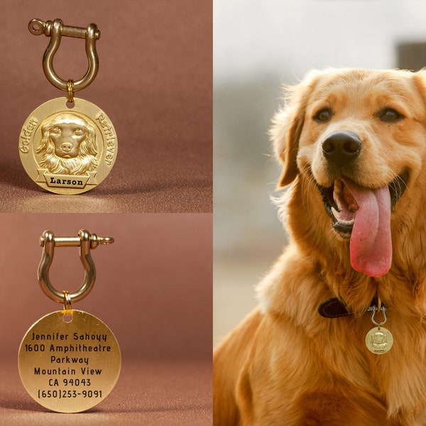 Golden Retriever Hundeanhänger, Personalisierter Hundeanhänger für Hunde, Gravur, Messing Haustier ID Tag mit D Ring Verschluss