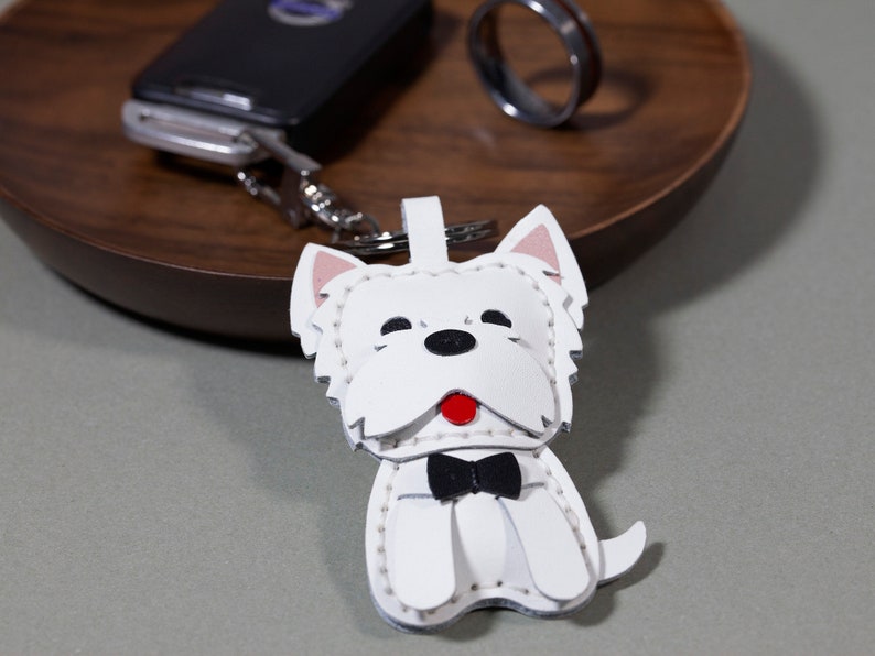 Leather Charm Keychain, West Highland Keyring, Puppy Bag Charm, Customized Dog Keychain, Sitting Posture, Gifts for Her Birthday image 4
