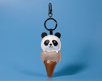 Handgemachter Schlüsselanhänger aus Leder personalisiert, Panda Eiscreme, Taschenanhänger, Essen Schlüsselanhänger, Geschenk für Sie/Ihn, Süße Schlüsselanhänger für Frauen