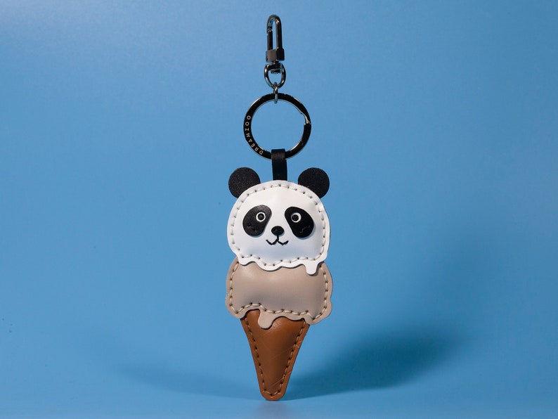 Handmade Leather Keychain Personalized, Panda Ice-cream, Bag Charm, Food Keychain, Gift for him/her, Cute Keychains for Women image 1