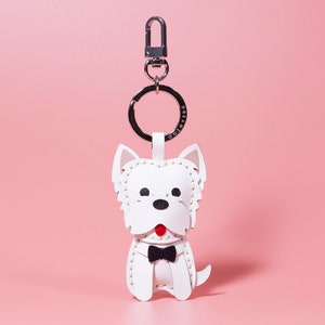 Leather Charm Keychain, West Highland Keyring, Puppy Bag Charm, Customized Dog Keychain, Sitting Posture, Gifts for Her Birthday