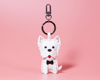 Leder Charm Schlüsselanhänger, West Highland Schlüsselring, Welpe Tasche Charm, Personalisierter Hunde Schlüsselbund, Sitzende Haltung, Geschenke für Sie Geburtstag