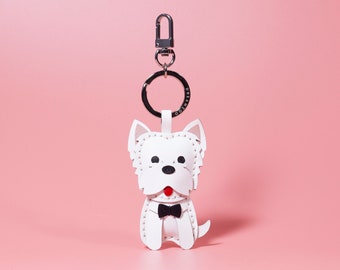 Lederen charme sleutelhanger, West Highland sleutelhanger, puppy tas charme, aangepaste hond sleutelhanger, zitten houding, geschenken voor haar verjaardag