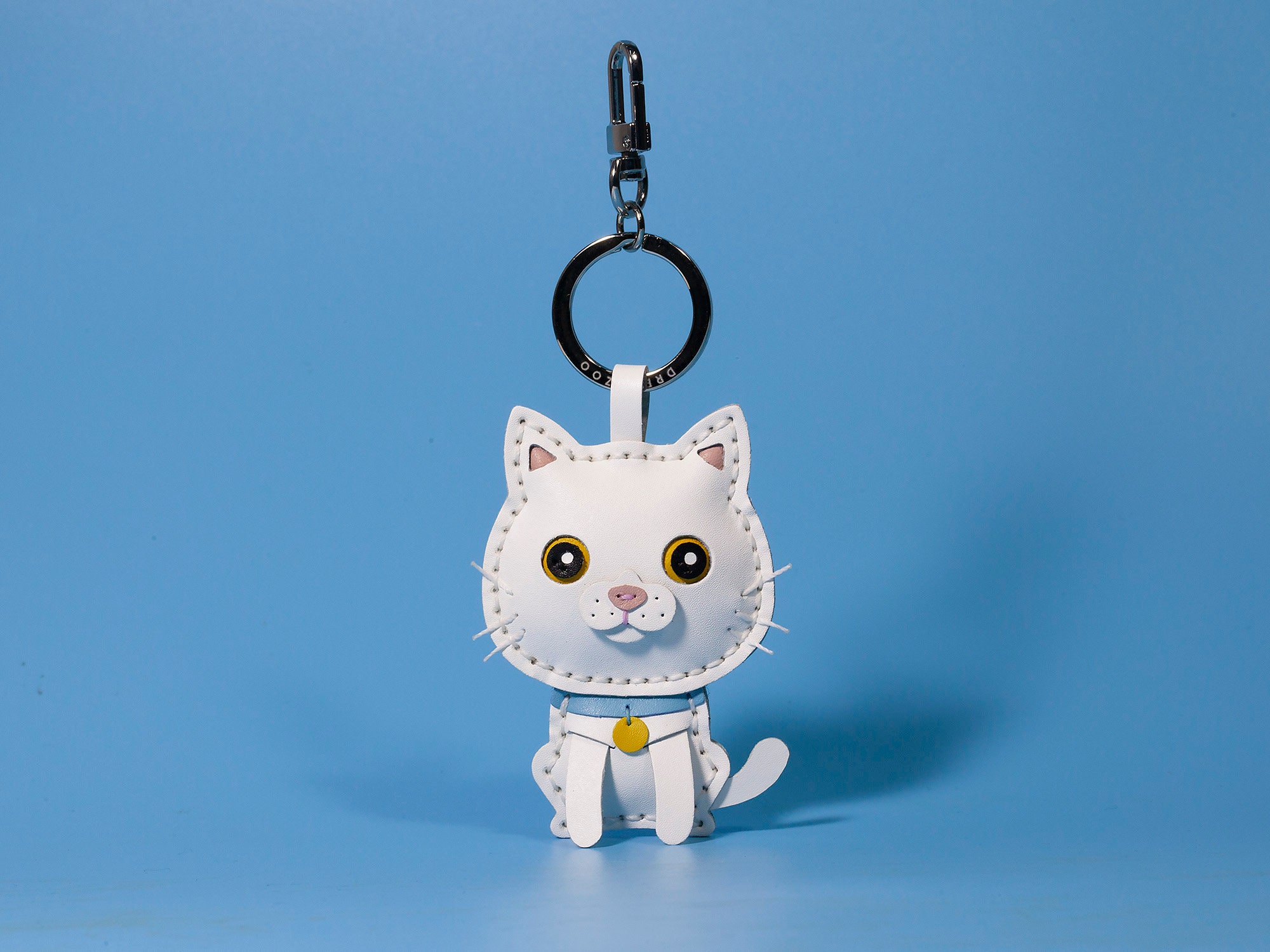 White Leather Charm Keychain, Cat Keyring, Kitty Bag Charm
