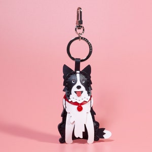 Mothers Day Gift - Leather Border Collie Keyring, Bag charm, Custom Dog Keychain, Sitting Posture