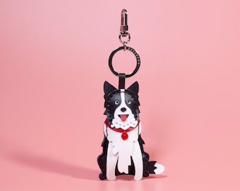 Mothers Day Gift - Leather Border Collie Keyring, Bag charm, Custom Dog Keychain, Sitting Posture