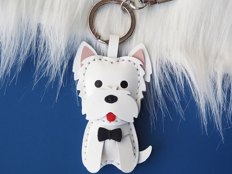 Leather Charm Keychain, West Highland Keyring, Puppy Bag Charm, Customized Dog Keychain, Sitting Posture, Gifts for Her Birthday image 7