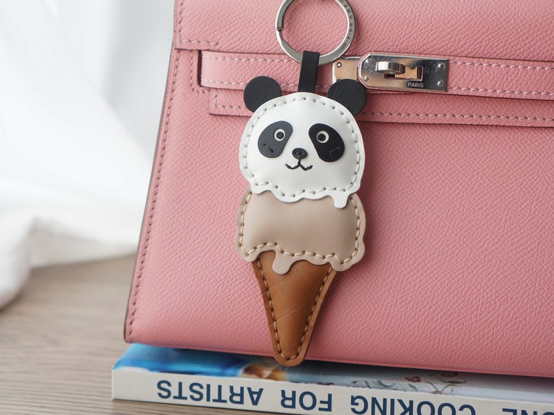 Handmade Leather Keychain Personalized, Panda Ice-cream, Bag Charm, Food Keychain, Gift for him/her, Cute Keychains for Women image 6