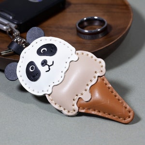 Handmade Leather Keychain Personalized, Panda Ice-cream, Bag Charm, Food Keychain, Gift for him/her, Cute Keychains for Women image 3
