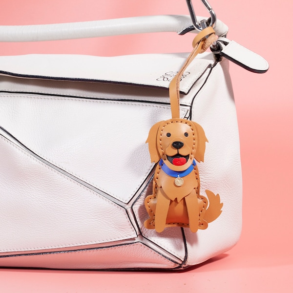 Bijou de sac en cuir pour sac à main, sac à main, porte-clés chien Golden Retriever, porte-clés chiot, posture assise, cadeaux pour un anniversaire, anniversaire