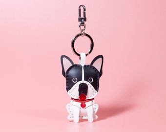 Handmade Genuine Leather French Bulldog Keychain, Puppy Bag Charm, Custom Dog Keychain, Sitting Posture, Birthday/Christmas Gifts for Her