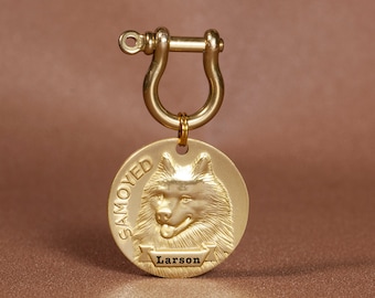Samoyed Dog Tag Personalized - Custom Engraved Brass Pet ID Tag - Handmade Name Tag Gift for Dog Lover