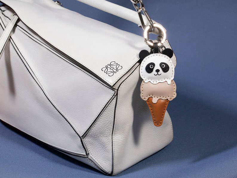 Handmade Leather Keychain Personalized, Panda Ice-cream, Bag Charm, Food Keychain, Gift for him/her, Cute Keychains for Women image 4